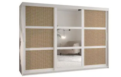 Šatní skřín s posuvnými dveřmi, zrcadlem a vzorem vídeňského výpletu - 250cm Bílá