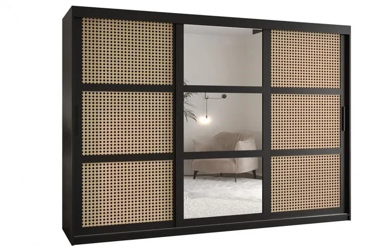 Šatní skřín s posuvnými dveřmi, zrcadlem a vzorem vídeňského výpletu - 250cm Černá