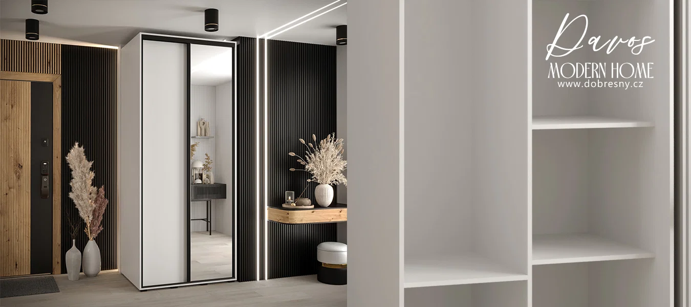 Šatní skříň s posuvnými dveřmi a zrcadlem DAVOS 100 cm | Bílá / černé pojezdy