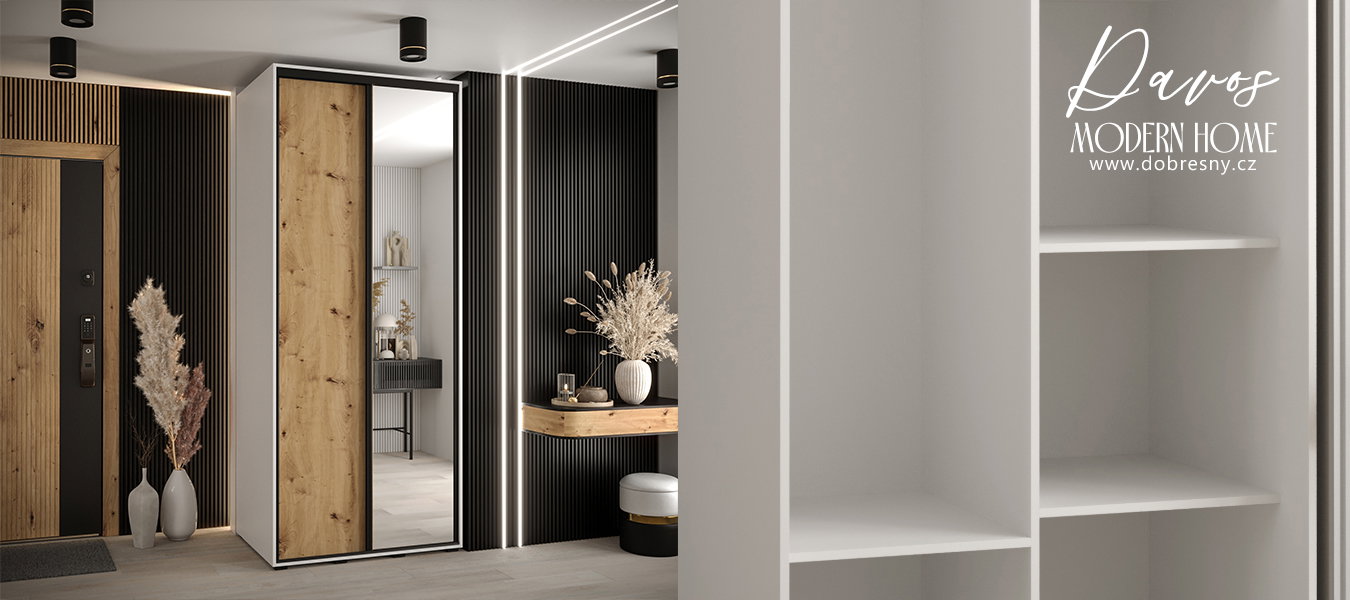 Šatníková skriňa s posuvnými dverami a zrkadlom DAVOS 100cm | Biela / DUB Artisan / čierne pojazdy