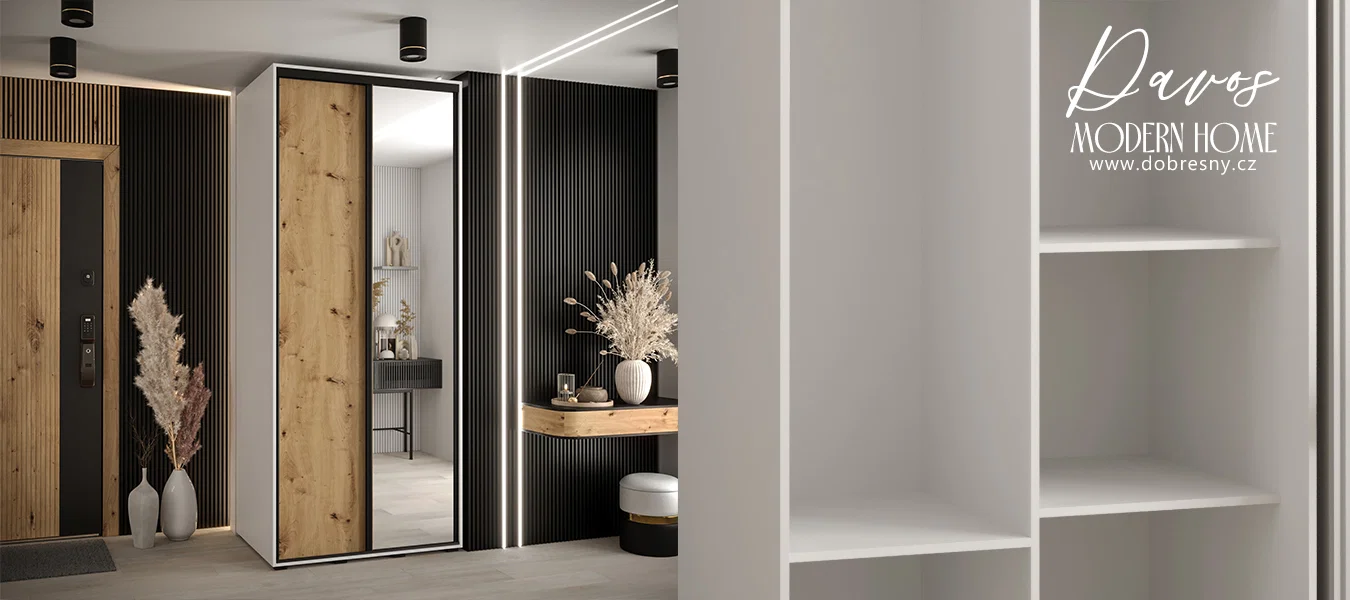 Šatní skříň s posuvnými dveřmi a zrcadlem DAVOS 100cm | Bílá / DUB Artisan / černé pojezdy