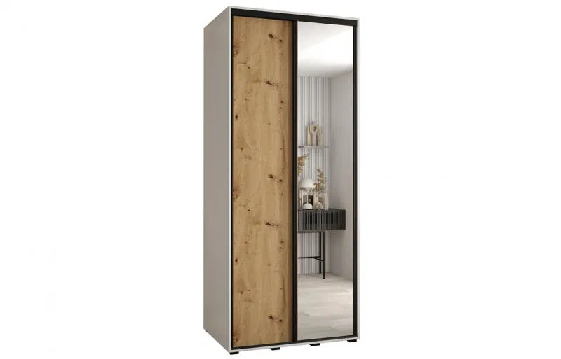 Šatní skříň s posuvnými dveřmi a zrcadlem DAVOS 100cm | Bílá / DUB Artisan / černé pojezdy
