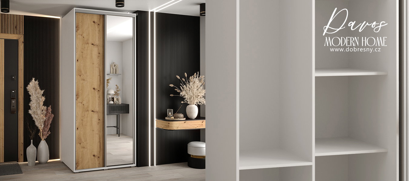 Šatníková skriňa s posuvnými dverami a zrkadlom DAVOS 100cm | Biela / DUB Artisan / strieborné