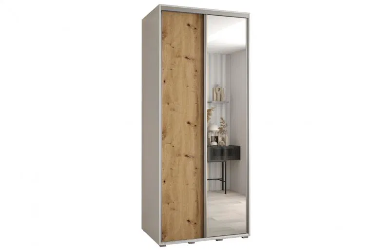 Šatní skříň s posuvnými dveřmi a zrcadlem DAVOS 100cm | Bílá / DUB Artisan / stříbrné