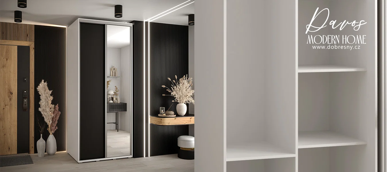 Šatní skříň s posuvnými dveřmi a zrcadlem DAVOS 100cm | Bílá / černá / stříbrné pojezdy