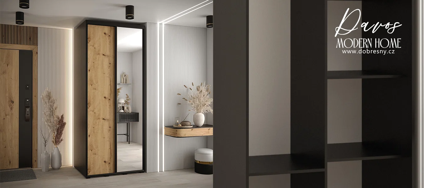 Šatní skříň s posuvnými dveřmi a zrcadlem DAVOS 100cm | Černá / DUB Artisan / černé pojezd