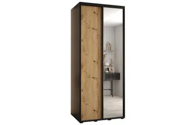 Šatní skříň s posuvnými dveřmi a zrcadlem DAVOS 100cm | Černá / DUB Artisan / černé pojezd