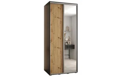 Šatní skříň s posuvnými dveřmi a zrcadlem DAVOS 100cm | Černá / DUB Artisan / stříbrné