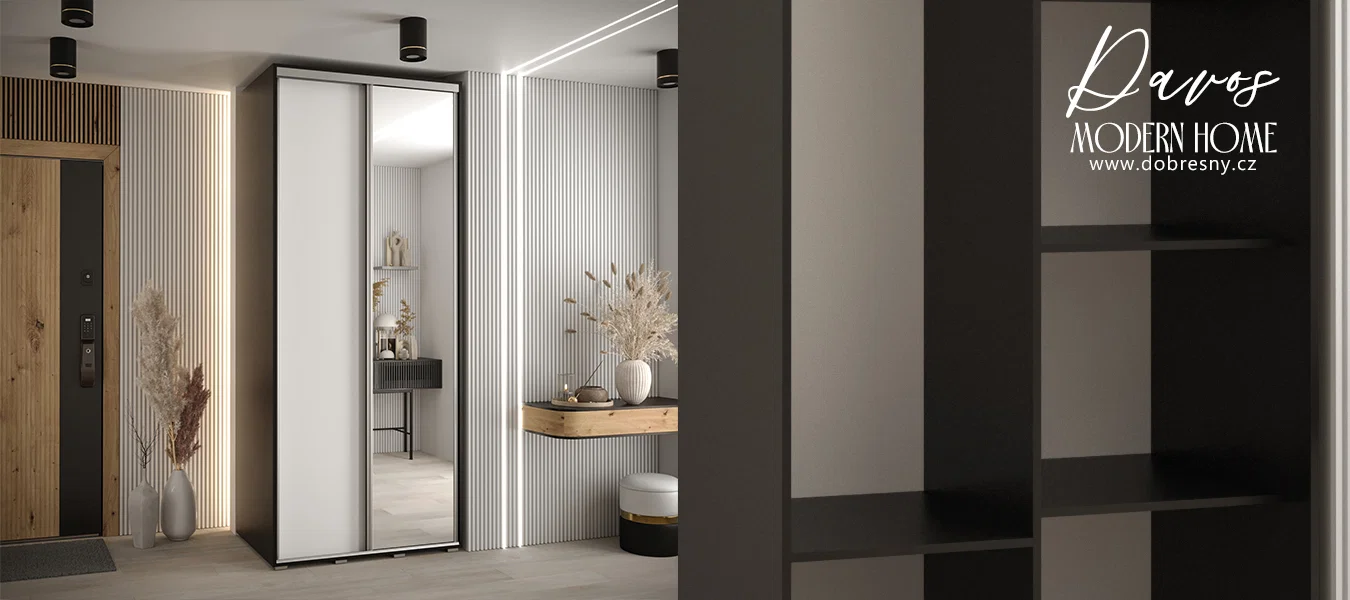 Šatní skříň s posuvnými dveřmi a zrcadlem DAVOS 100cm | Černá / bílá / stříbrné pojezdy