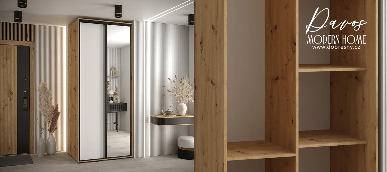 Šatní skříň s posuvnými dveřmi a zrcadlem DAVOS 100cm | DUB Artisan / bílá / černé pojezdy