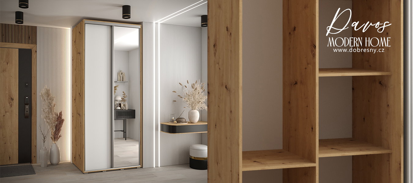 Šatníková skriňa s posuvnými dverami a zrkadlom DAVOS 100cm | DUB Artisan / biela / strieborné