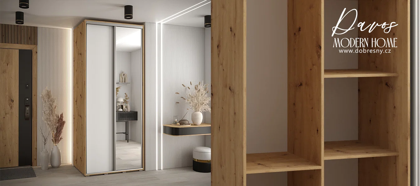 Šatní skříň s posuvnými dveřmi a zrcadlem DAVOS 100cm | DUB Artisan / bílá / stříbrné