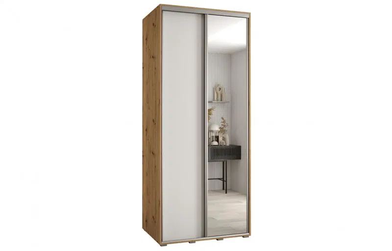Šatní skříň s posuvnými dveřmi a zrcadlem DAVOS 100cm | DUB Artisan / bílá / stříbrné