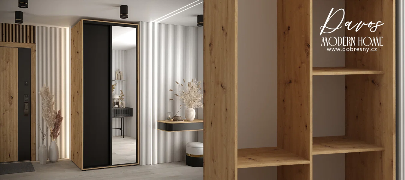Šatní skříň s posuvnými dveřmi a zrcadlem DAVOS 100cm |DUB Artisan / černá / černé pojezdy