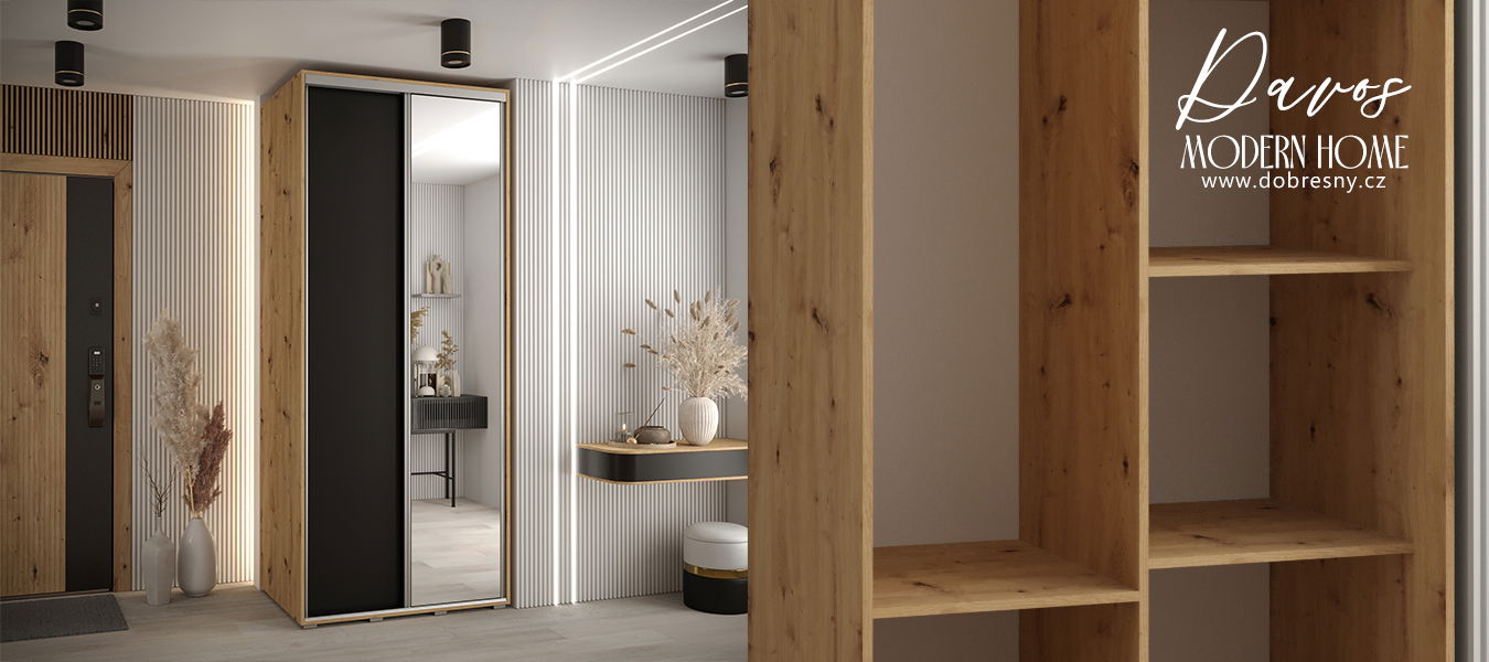 Šatníková skriňa s posuvnými dverami a zrkadlom DAVOS 100cm | DUB Artisan / čierna / strieborné