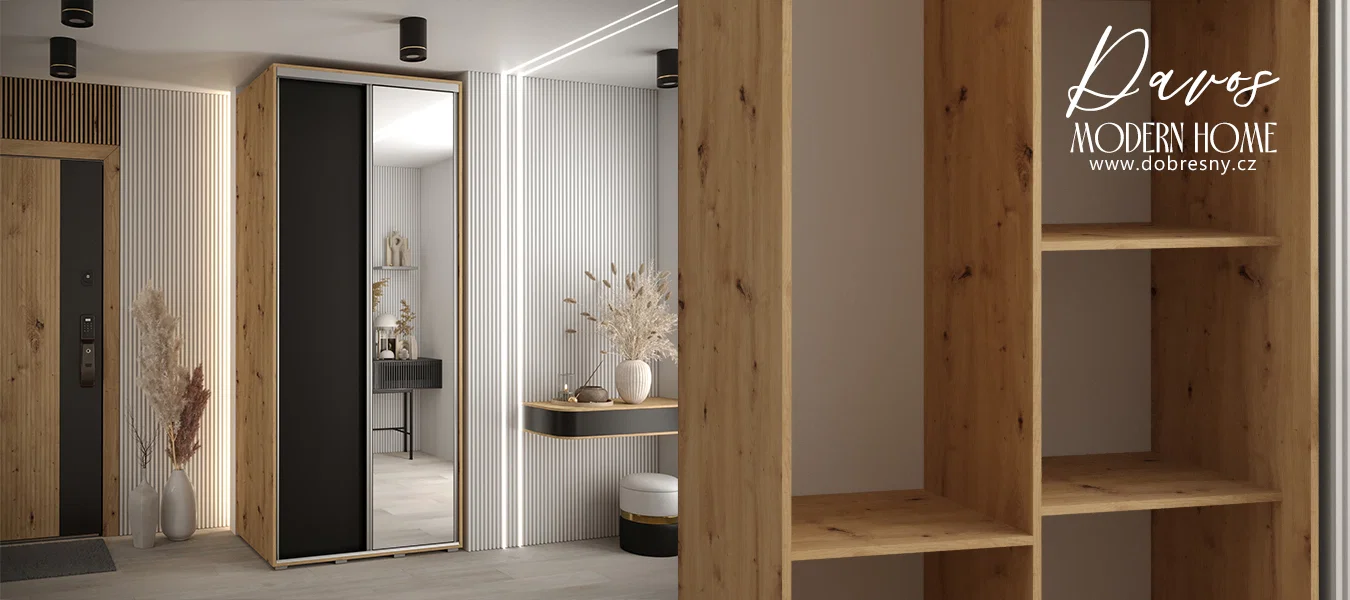 Šatní skříň s posuvnými dveřmi a zrcadlem DAVOS 100cm | DUB Artisan / černá / stříbrné