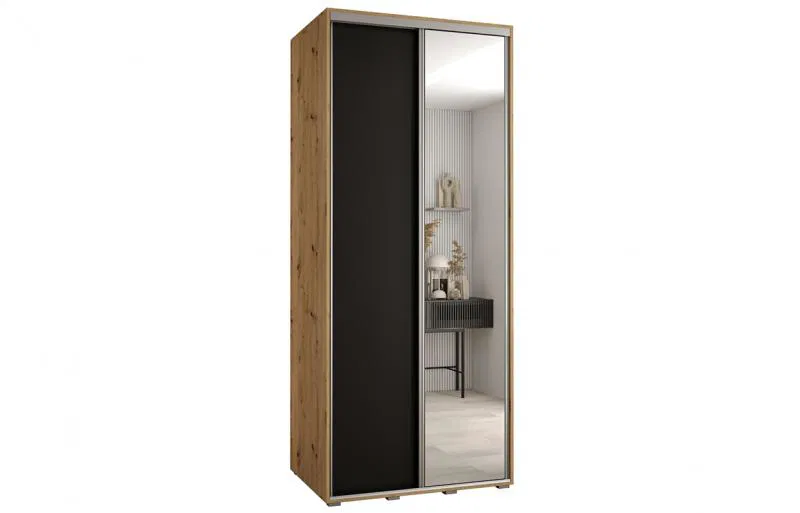 Šatní skříň s posuvnými dveřmi a zrcadlem DAVOS 100cm | DUB Artisan / černá / stříbrné