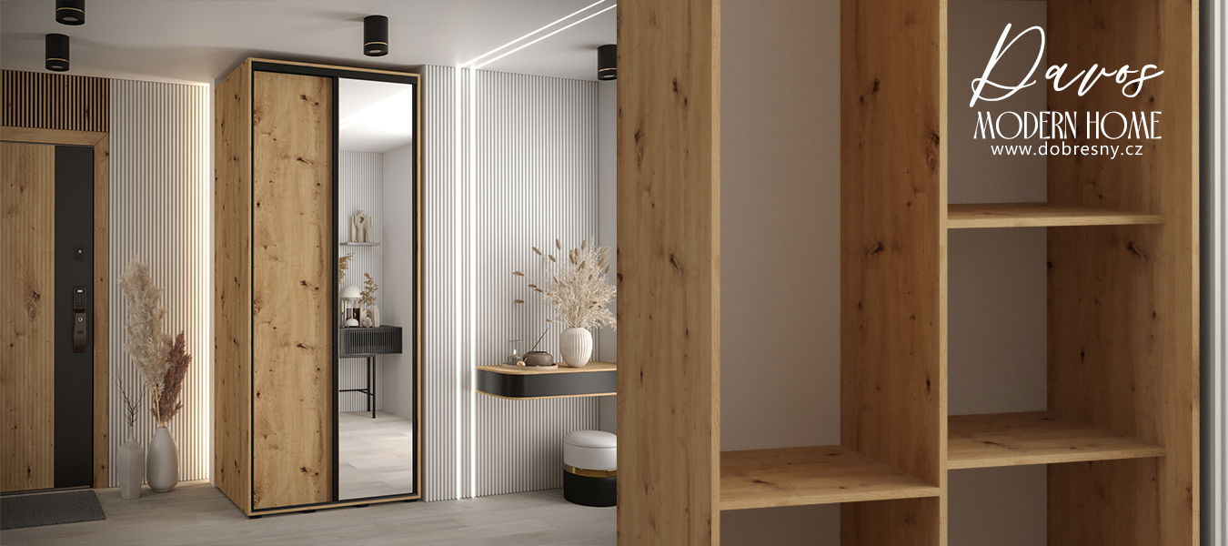 Šatníková skriňa s posuvnými dverami a zrkadlom DAVOS 100cm | DUB Artisan / čierne pojazdy
