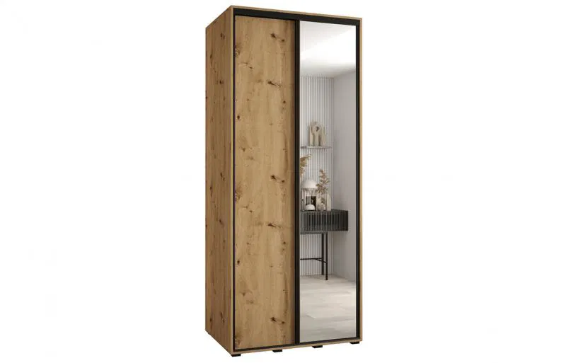 Šatní skříň s posuvnými dveřmi a zrcadlem DAVOS 100cm | DUB Artisan / černé pojezdy