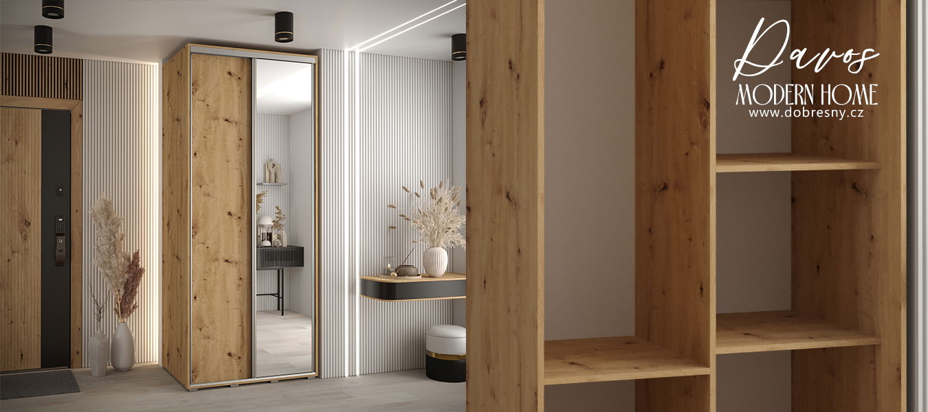 Šatníková skriňa s posuvnými dverami a zrkadlom DAVOS 100cm | DUB Artisan / strieborné pojazdy