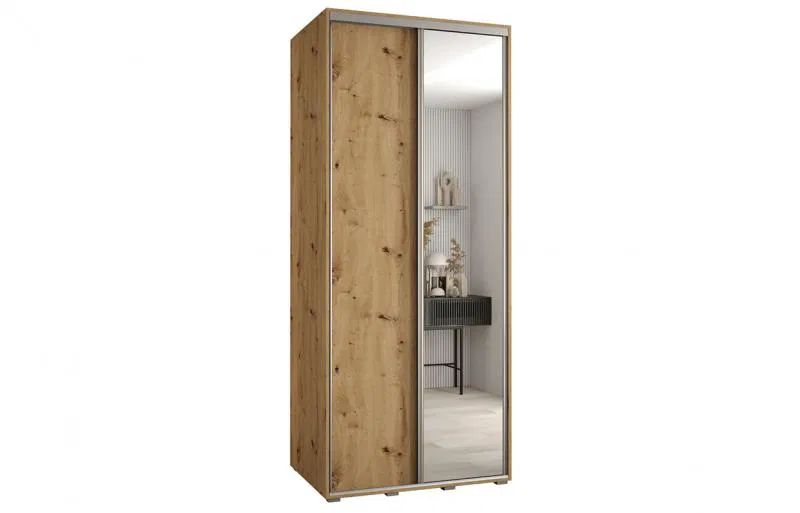 Šatní skříň s posuvnými dveřmi a zrcadlem DAVOS 100cm | DUB Artisan / stříbrné pojezdy