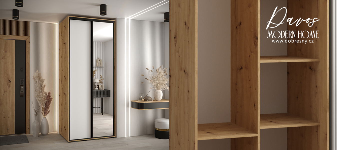 Šatníková skriňa s posuvnými dverami a zrkadlom DAVOS 120cm | DUB Artisan / biela / čierne pojazdy