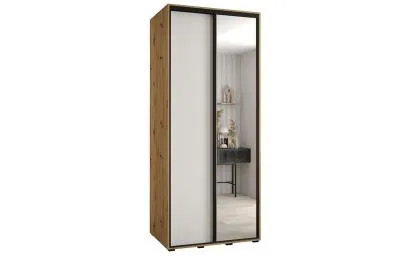 Šatní skříň s posuvnými dveřmi a zrcadlem DAVOS 120cm | DUB Artisan / bílá / černé pojezdy