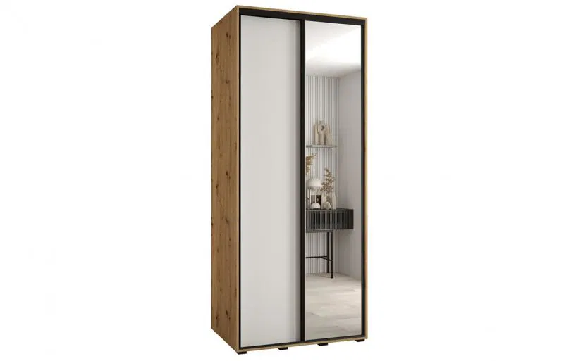 Šatní skříň s posuvnými dveřmi a zrcadlem DAVOS 120cm | DUB Artisan / bílá / černé pojezdy