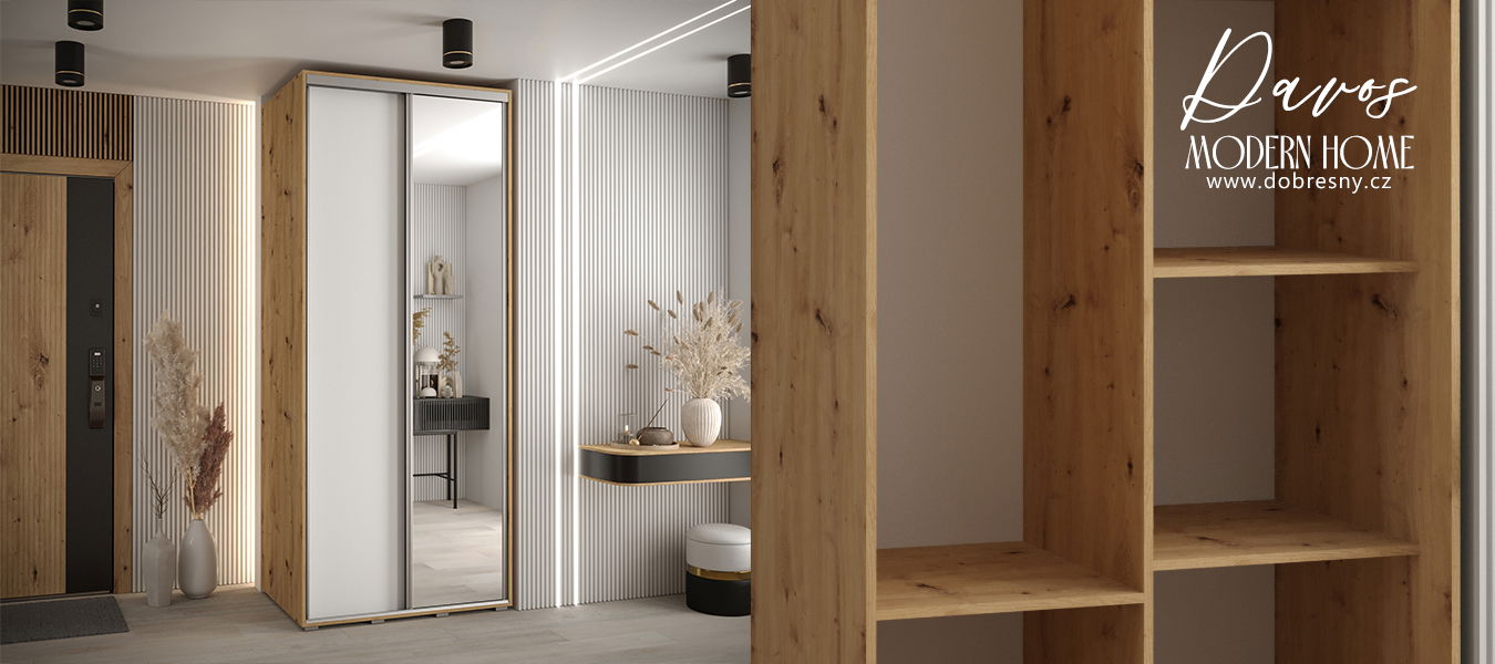 Šatníková skriňa s posuvnými dverami a zrkadlom DAVOS 120cm | DUB Artisan / biela / strieborné