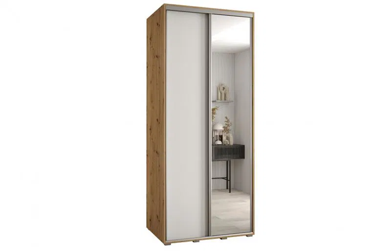 Šatní skříň s posuvnými dveřmi a zrcadlem DAVOS 120cm | DUB Artisan / bílá / stříbrné