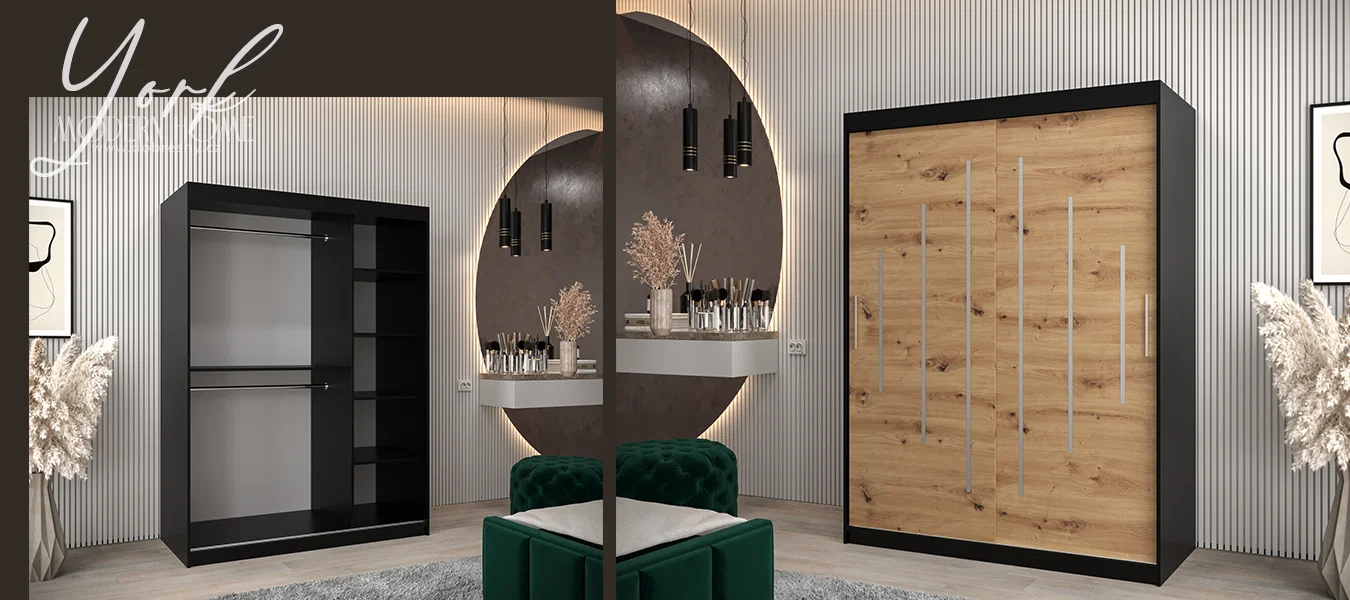 Šatní skříň s posuvnými dveřmi YORK - 150x200cm -Černá-Dub Artisan-