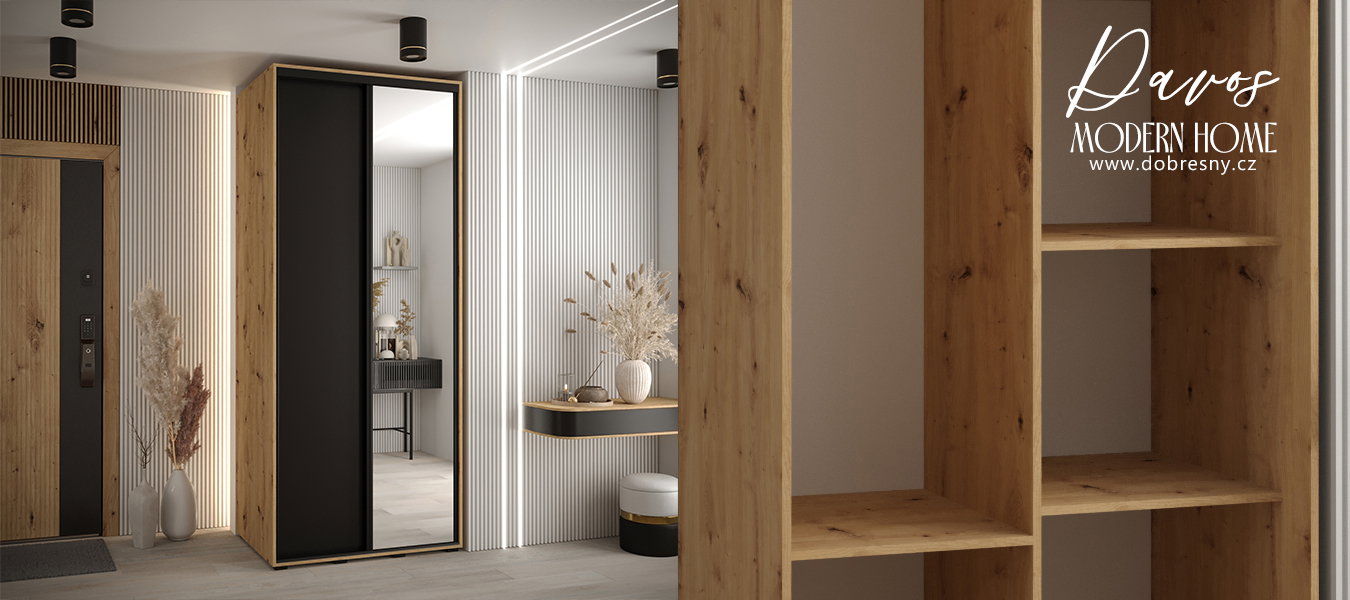 Šatníková skriňa s posuvnými dverami a zrkadlom DAVOS 120cm | DUB Artisan / čierna / čierne pojazdy