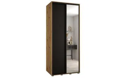 Šatní skříň s posuvnými dveřmi a zrcadlem DAVOS 120cm |DUB Artisan / černá / černé pojezdy