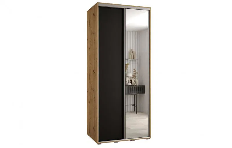 Šatní skříň s posuvnými dveřmi a zrcadlem DAVOS 120cm | DUB Artisan / černá / stříbrné