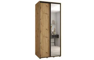 Šatní skříň s posuvnými dveřmi a zrcadlem DAVOS 120cm | DUB Artisan / černé pojezdy