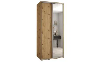 Šatní skříň s posuvnými dveřmi a zrcadlem DAVOS 120cm | DUB Artisan / stříbrné pojezdy