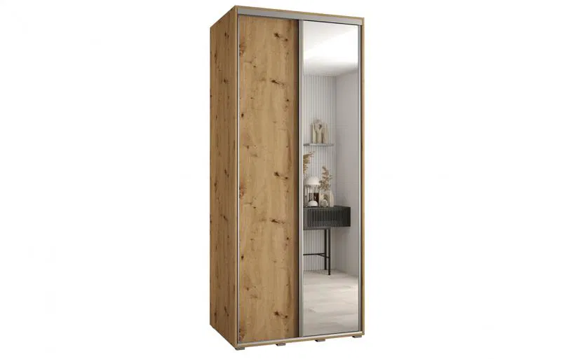 Šatní skříň s posuvnými dveřmi a zrcadlem DAVOS 120cm | DUB Artisan / stříbrné pojezdy