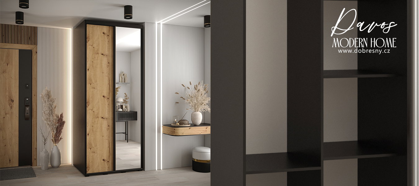 Šatníková skriňa s posuvnými dverami a zrkadlom DAVOS 120cm | Čierna / DUB Artisan / čierne pojazdy