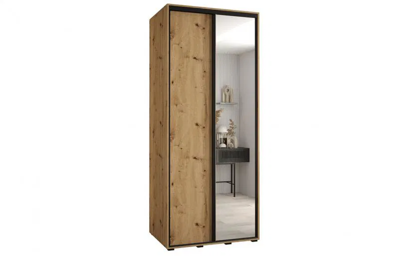 Šatní skříň s posuvnými dveřmi a zrcadlem DAVOS 120cm | Černá / DUB Artisan / černé pojezd