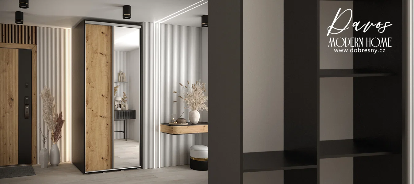 Šatní skříň s posuvnými dveřmi a zrcadlem DAVOS 120cm | Černá / DUB Artisan / stříbrné