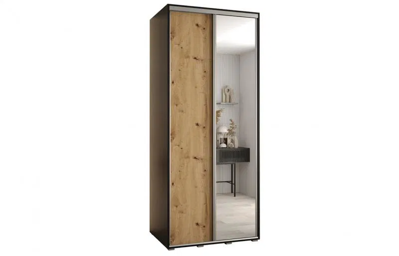 Šatní skříň s posuvnými dveřmi a zrcadlem DAVOS 120cm | Černá / DUB Artisan / stříbrné