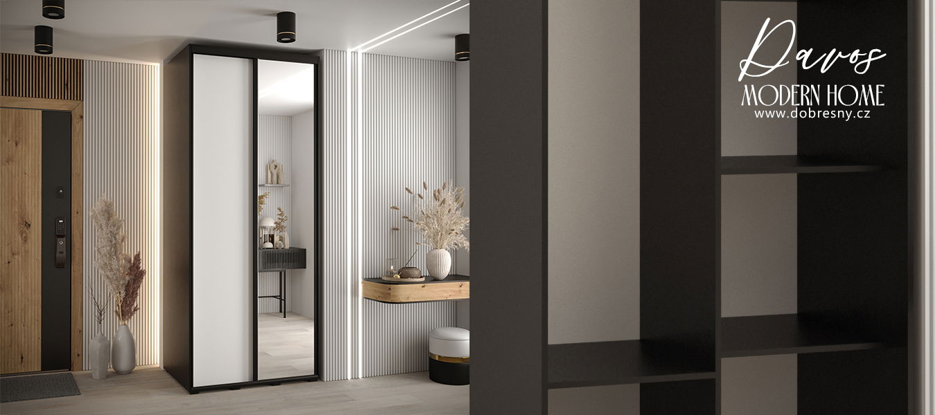 Šatníková skriňa s posuvnými dverami a zrkadlom DAVOS 120cm | Čierna / biela / čierne pojazdy