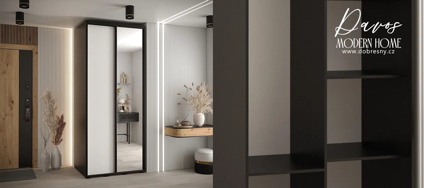 Šatní skříň s posuvnými dveřmi a zrcadlem DAVOS 120cm | Černá / bílá / černé pojezdy