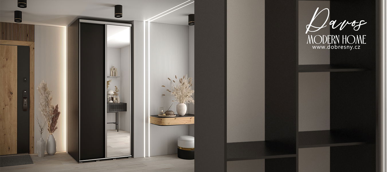 Šatníková skriňa s posuvnými dverami a zrkadlom DAVOS 120cm | Čierna / strieborné pojazdy