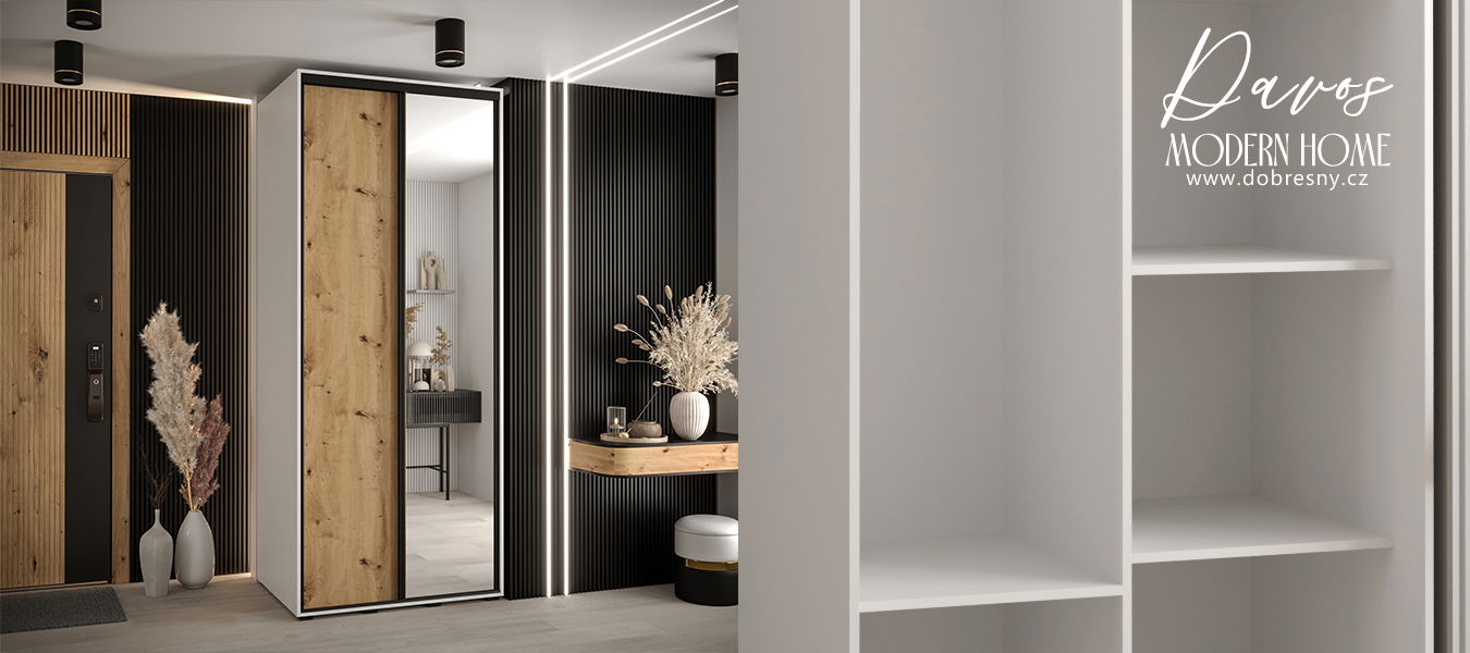 Šatníková skriňa s posuvnými dverami a zrkadlom DAVOS 120cm | Biela / DUB Artisan / čierne pojazdy