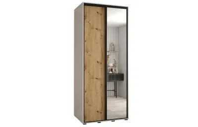 Šatní skříň s posuvnými dveřmi a zrcadlem DAVOS 120cm | Bílá / DUB Artisan / černé pojezdy