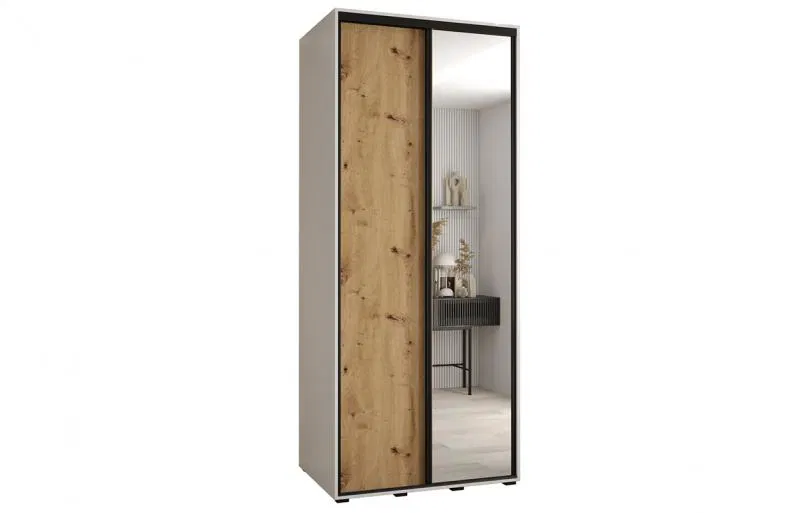 Šatní skříň s posuvnými dveřmi a zrcadlem DAVOS 120cm | Bílá / DUB Artisan / černé pojezdy