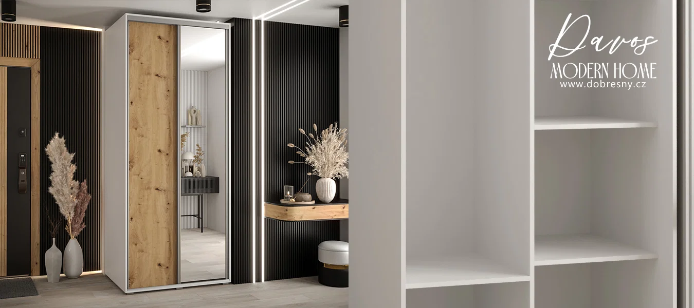 Šatní skříň s posuvnými dveřmi a zrcadlem DAVOS 120cm | Bílá / DUB Artisan / stříbrné