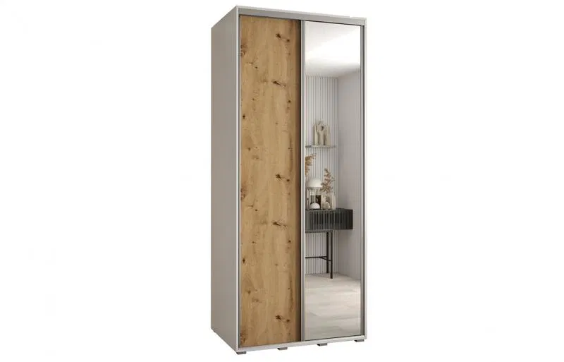 Šatní skříň s posuvnými dveřmi a zrcadlem DAVOS 120cm | Bílá / DUB Artisan / stříbrné