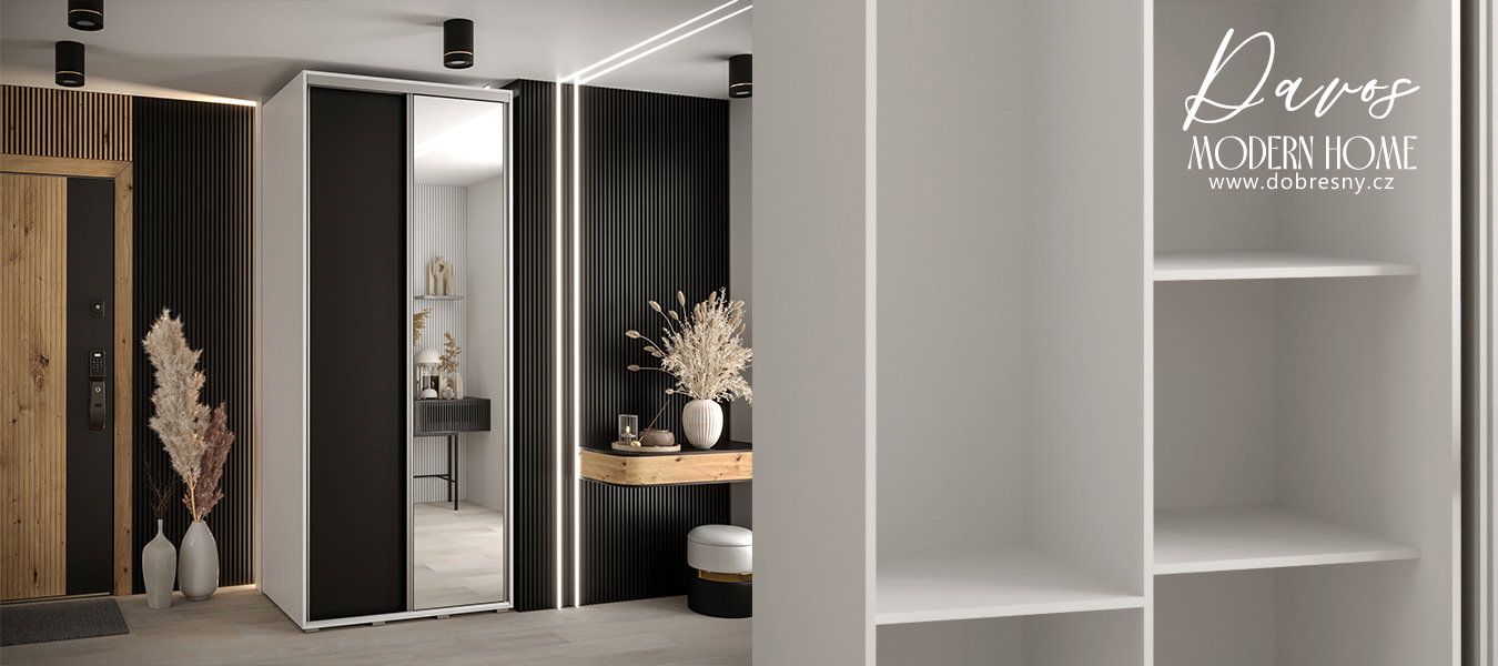 Šatníková skriňa s posuvnými dverami a zrkadlom DAVOS 120cm | Biela / čierna / strieborné pojazdy